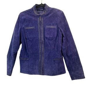 Bradley Bayou Women Navy Blue Suede Leather Jacket With Braided Detail Zip Front